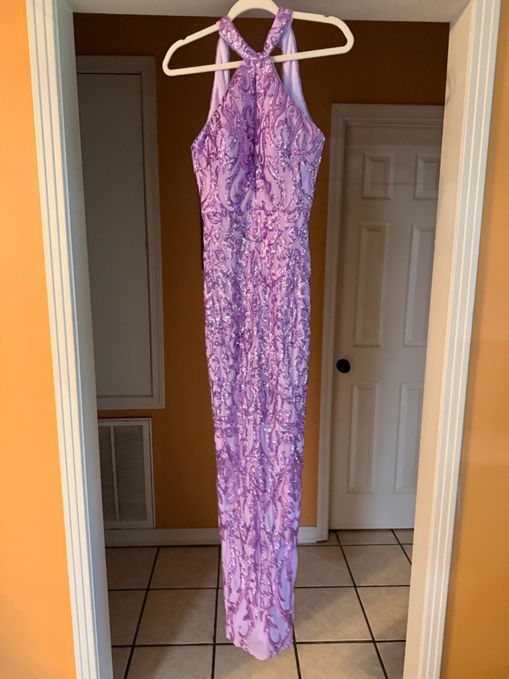 Lilac Beaded Halter Prom Gown